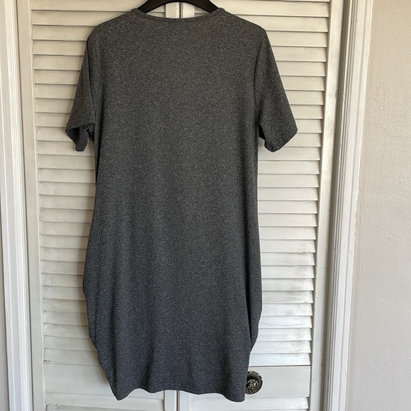 SHEIN Curve 1XL Dark Gray Faux Wrap Dress w/ Short Sleeves and Rouching at Hem - Picture 2 of 7